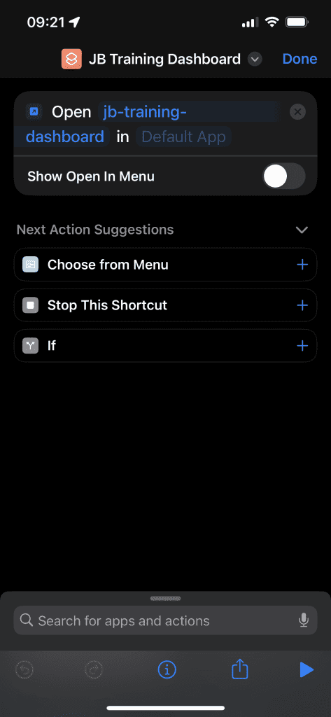 how to make a shortcut for the Rockshoulders training dashboard in the Shortcuts App on iOS